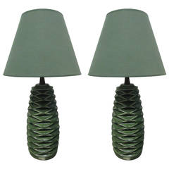 Vintage Pair Green Ceramic Pine Cone Lamps
