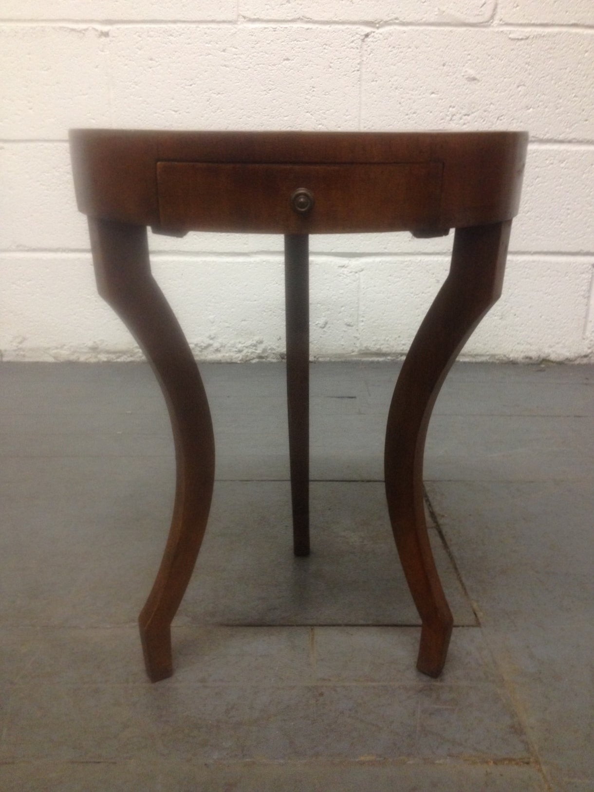Pair Italian walnut side tables with a single pull out drawer.