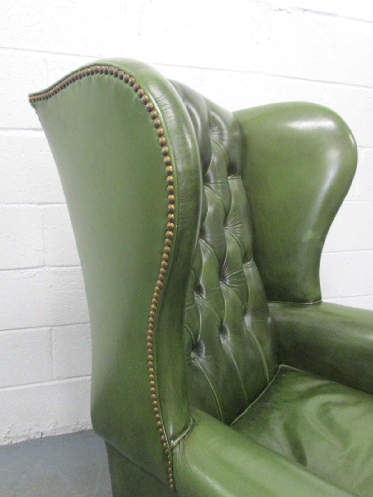Chippendale Vintage Green Leather Tufted Wingback Chair