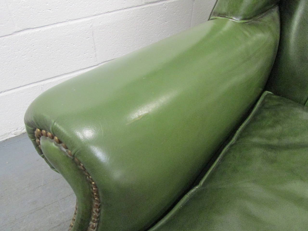 Mid-20th Century Vintage Green Leather Tufted Wingback Chair