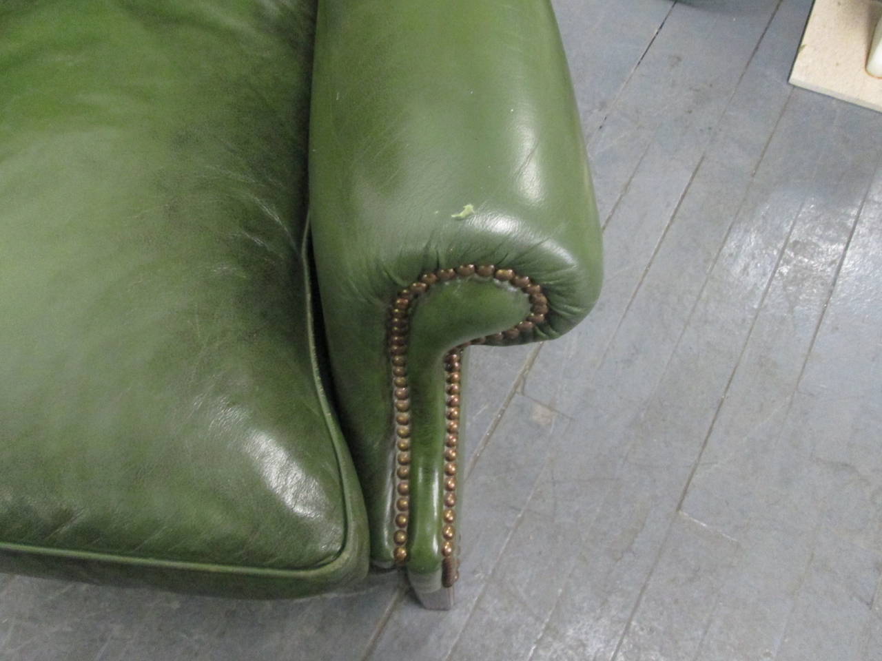Vintage Green Leather Tufted Wingback Chair In Good Condition In New York, NY