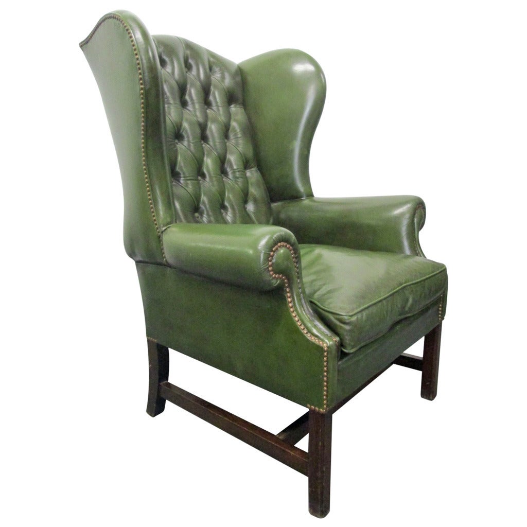 Vintage Green Leather Tufted Wingback Chair