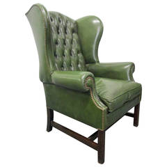 Vintage Green Leather Tufted Wingback Chair