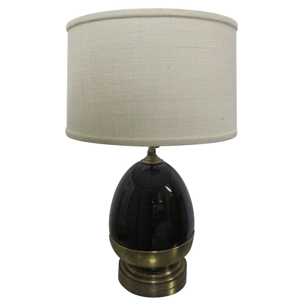 Brown Ceramic and Brass Lamp For Sale