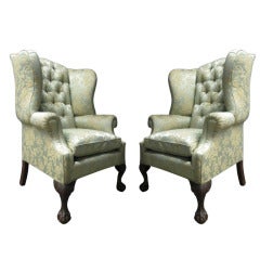 Pair of Chippendale Style Tufted Wingback Chairs 2