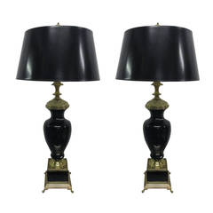 Pair of Black Opaline and Brass Lamps 12