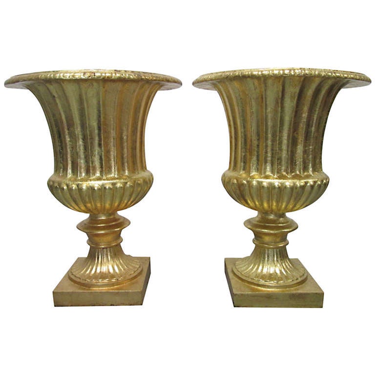 Pair Oversized Gold Gilted Urn Planters For Sale at 1stdibs