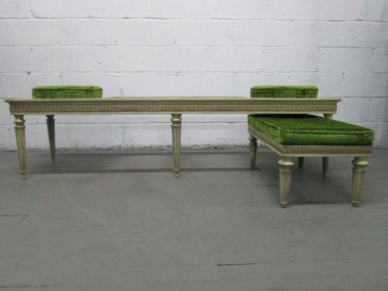 Painted French marble bench set. Longer bench has two round cushioned seats and a marble central insert.
