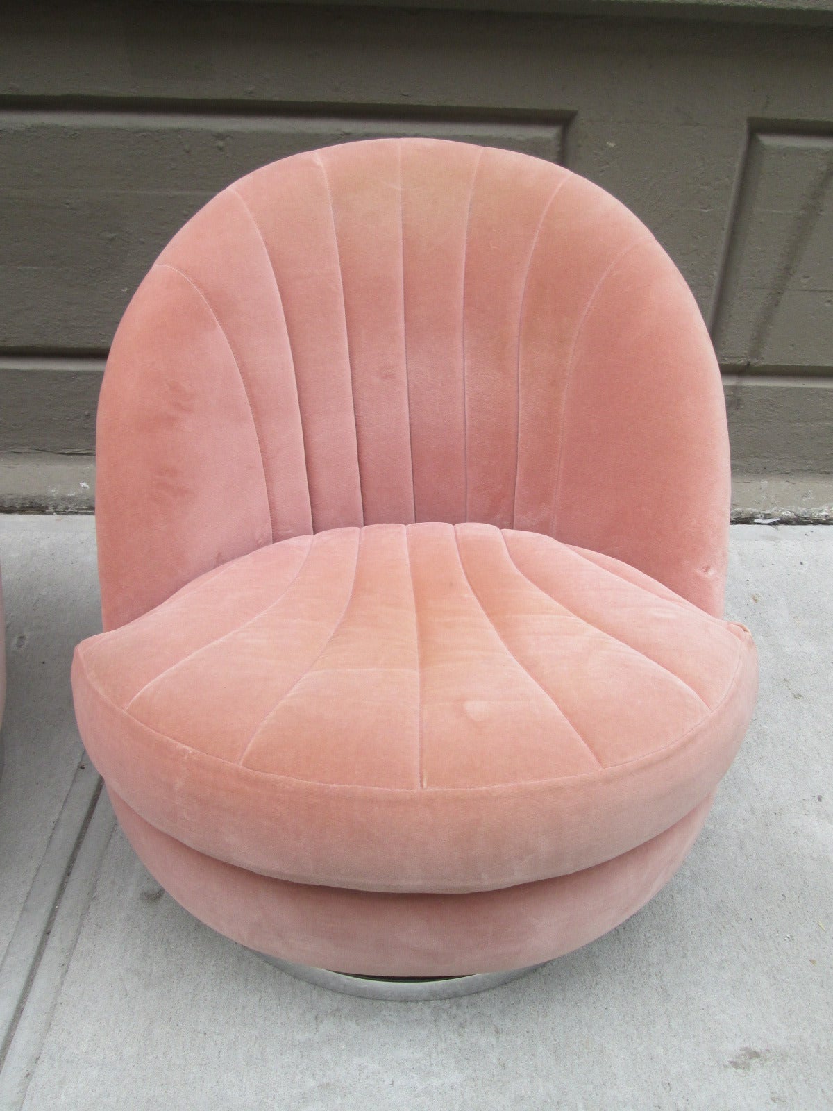Milo Baughman for Thayer Coggin swivel chairs (also tilt). Original fabric. Has chrome base.  