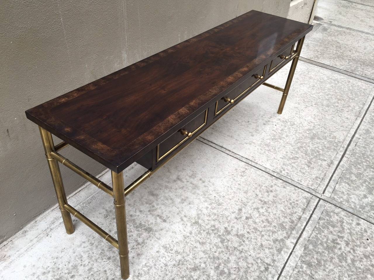 Mastercraft Burl Wood and Brass Console In Good Condition In New York, NY