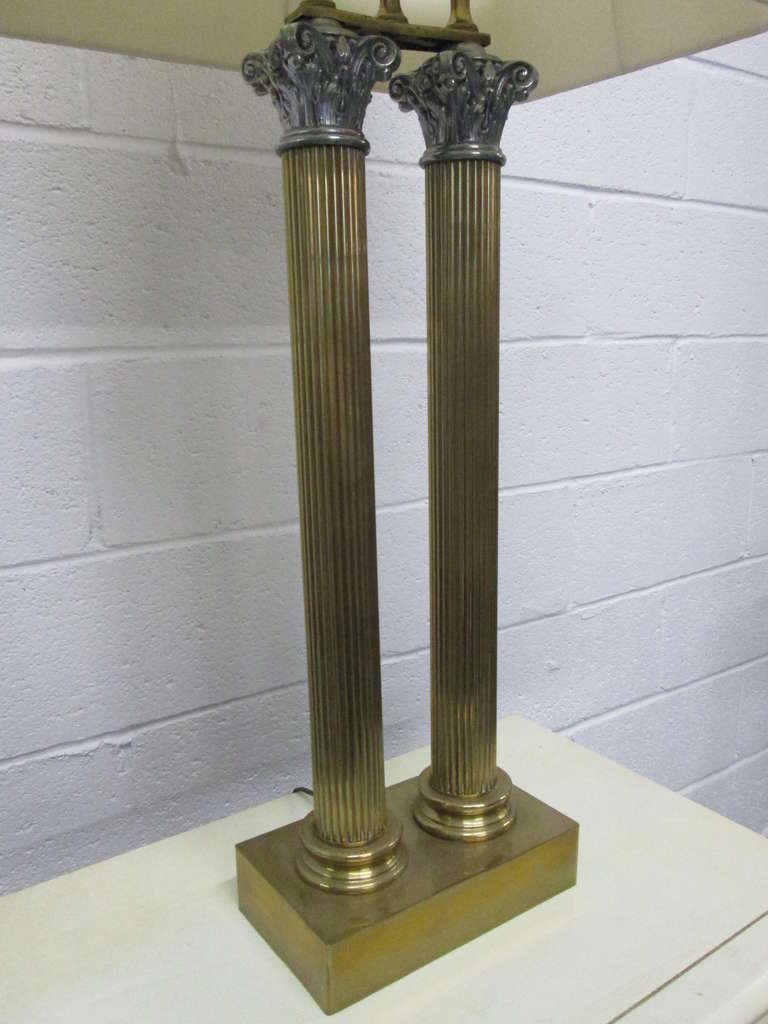 Mid-20th Century Pair of Brass Neoclassical Style Double Column Lamps