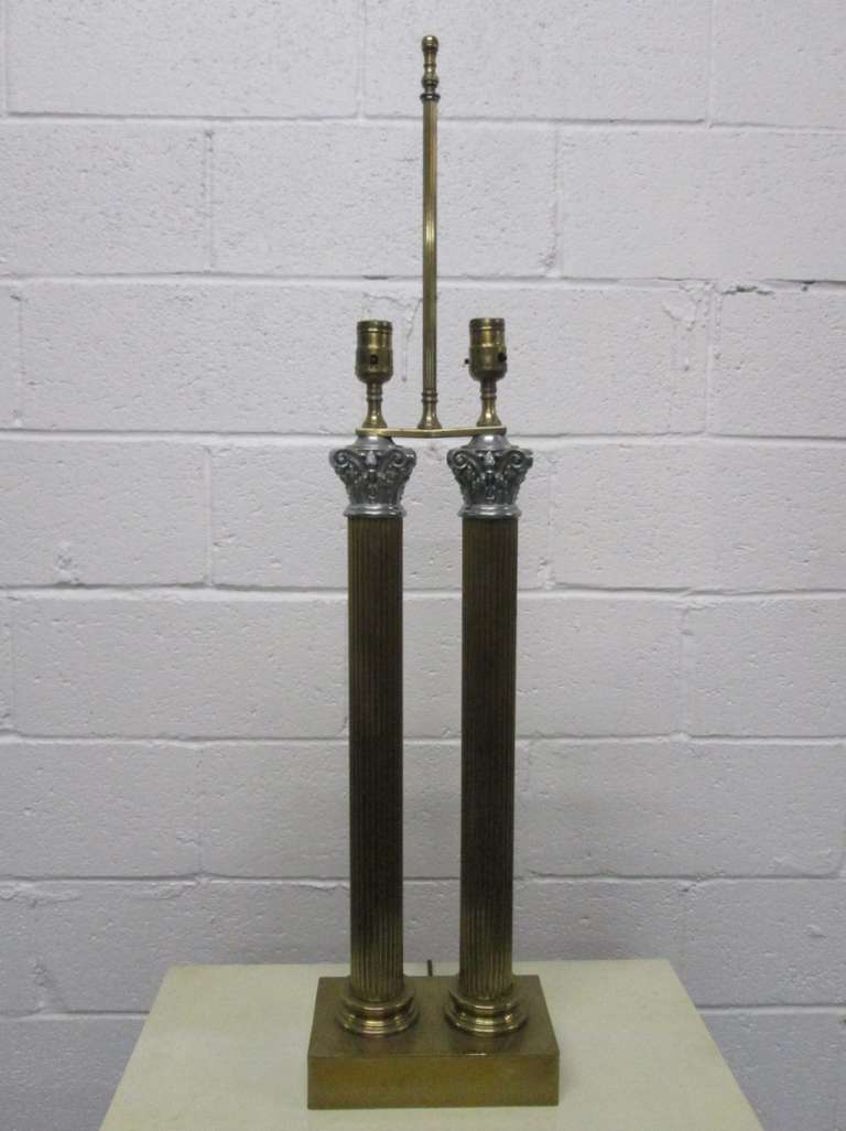 Pair of Brass Neoclassical Style Double Column Lamps 2