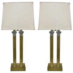 Pair Brass Neoclassical Style Double Column Lamps 1