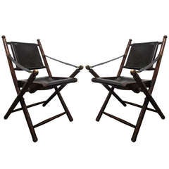 Pair of Leather Faux Bamboo Hunting Folding Chairs 4