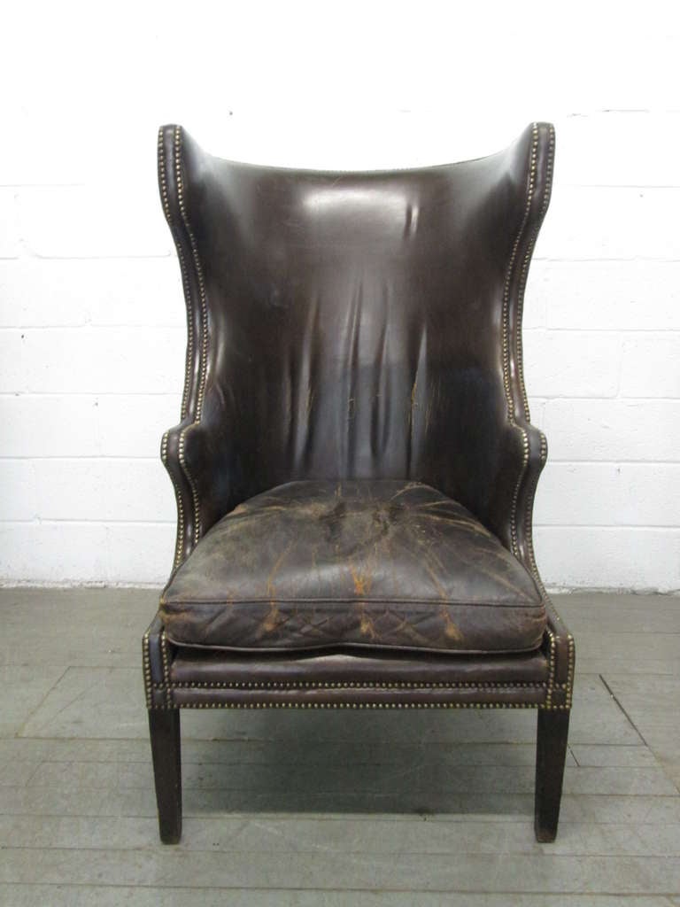 French Leather Wingback Chair In Good Condition In New York, NY