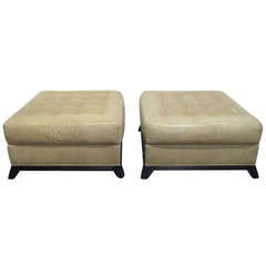 Pair Large Leather Modern Tufted Ottomans Footstools