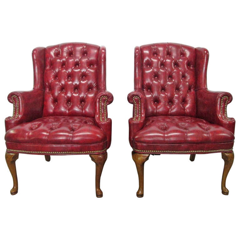 Pair of Queen Anne Style Tufted Wingback Chairs For Sale ...