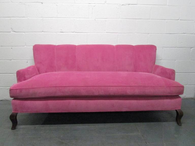 Art Deco style channel back sofa in pink corduroy fabric and wood legs.

100% of the sale will be sent to the Susan G. Komen, a non profit organization for the cure of breast cancer. The sale from the sofa will be sent on behalf of the buyer.

This