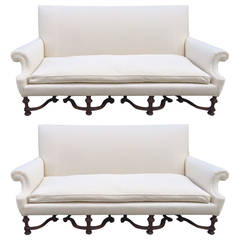 Pair of English High Back Antique Walnut Sofas in Linen 7