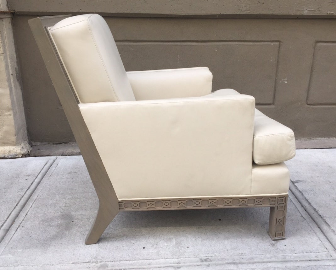 Pair of Leather Chinese Chippendale Style Lounge Chairs In Good Condition In New York, NY