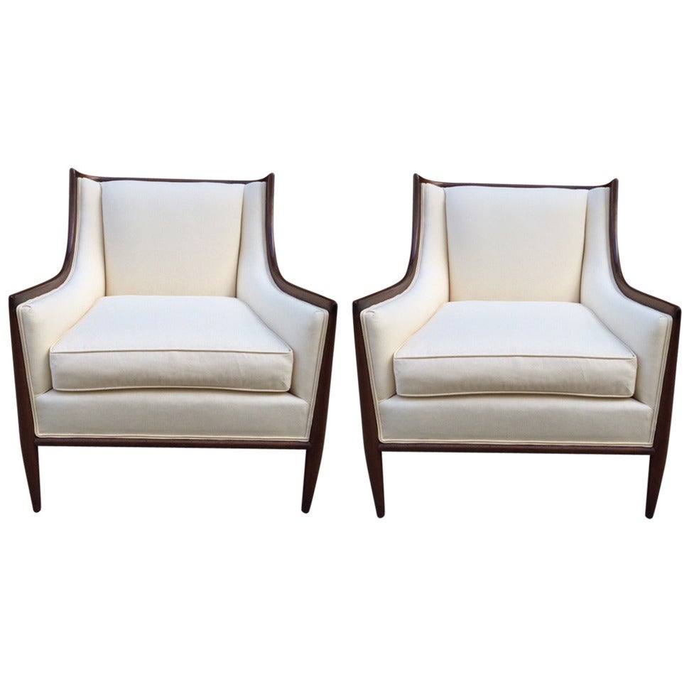 Pair of Walnut and Linen Upholstered Lounge Chairs