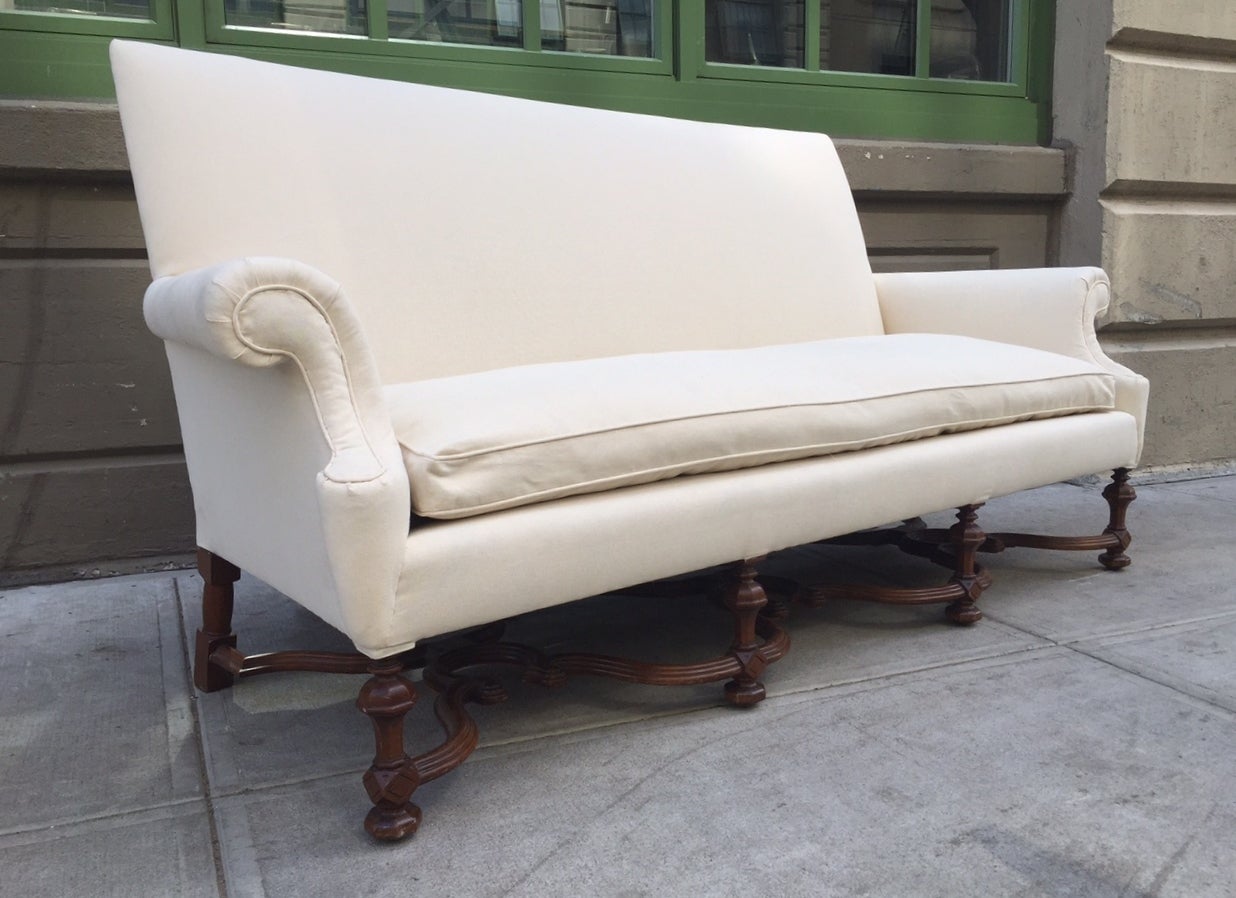 Pair of English High Back Antique Walnut Sofas in Linen For Sale at 1stdibs