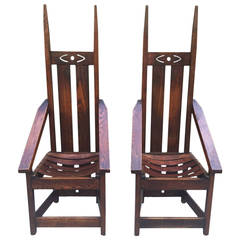 Pair of High Back Mission Chairs in the Style of Charles Rohlfs 6