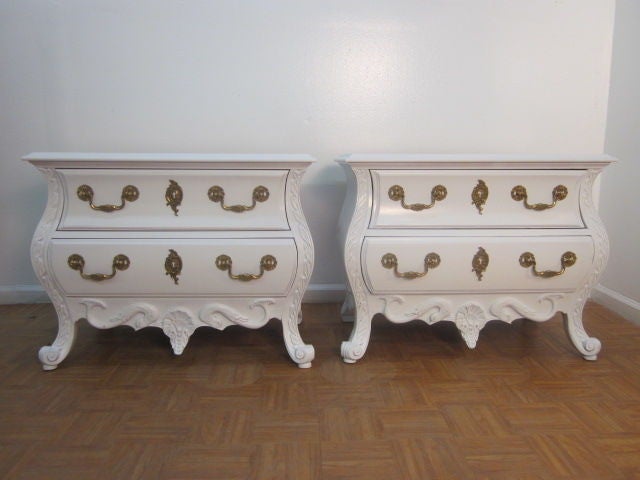 French antique style, white painted commodes / chests with original brass handles and two pull-out drawers.