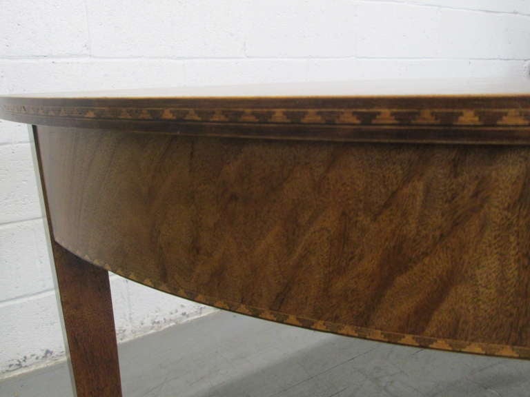 Pair Hepplewhite Style Inlaid Demi Lune Console Tables In Good Condition For Sale In New York, NY