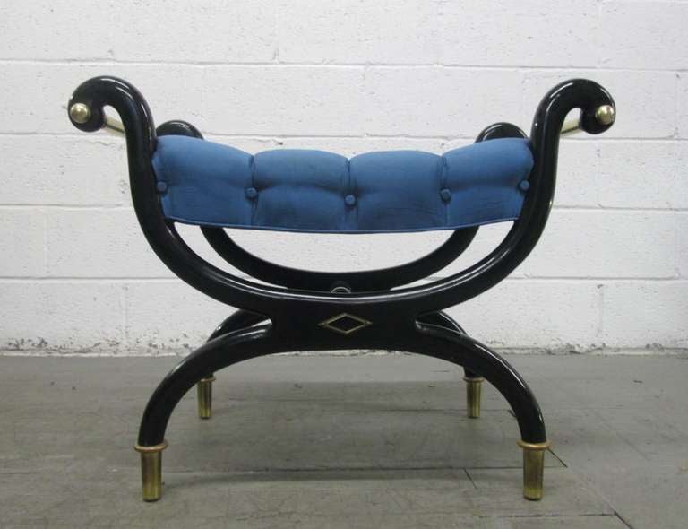 Gorgeous tufted bench / stool with  blue fabric and black lacquered wood frame.