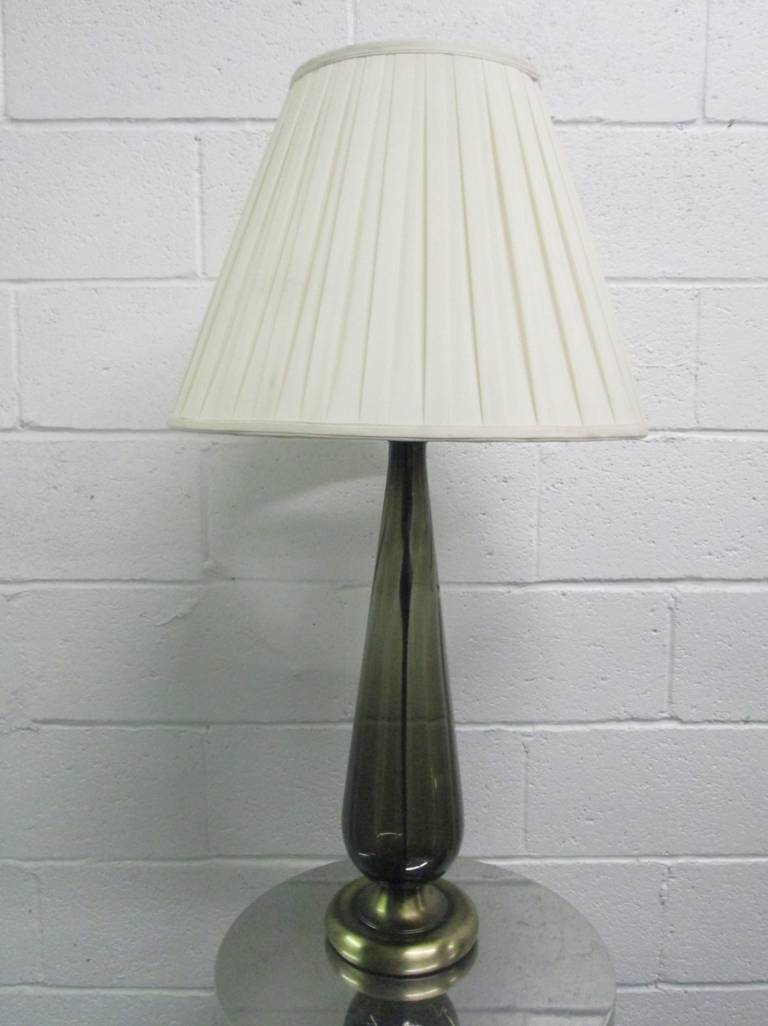 Pair of Long Stem Smoked Glass Lamps on Brass Base For Sale at 1stDibs