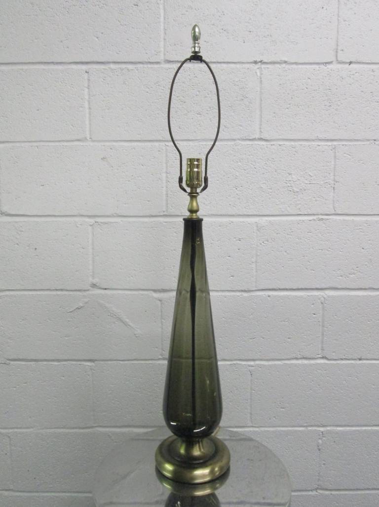 Pair of Long Stem Smoked Glass Lamps on Brass Base For Sale at 1stDibs