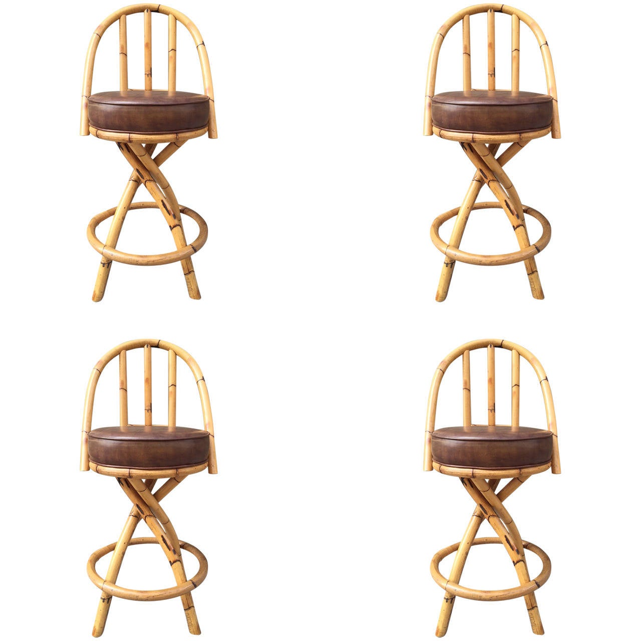 Set of Four Bamboo or Rattan Swivel Bar Stools Style Paul Frankl at 1stDibs