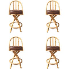 Set of Four Bamboo or Rattan Swivel Bar Stools Style Paul Frankl