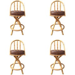 Set of Four Bamboo or Rattan Swivel Bar Stools Style Paul Frankl 