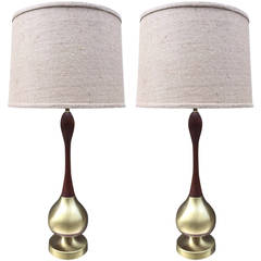 Pair of Walnut and Brass Lamps by Tony Paul 5