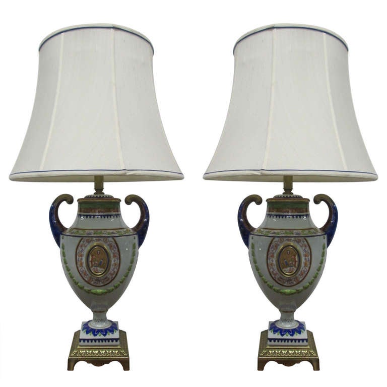 Pair of HandPainted Italian Style Porcelain Lamps For Sale at 1stdibs