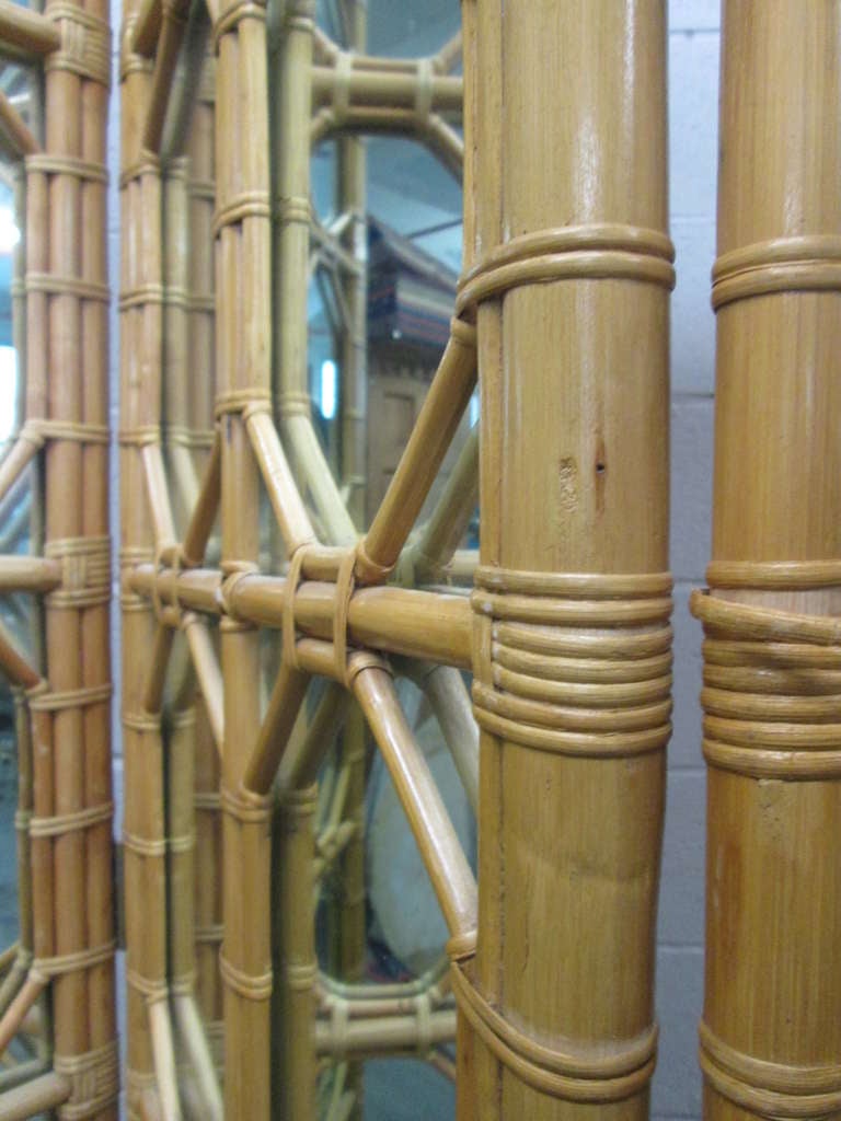 1960s 3 Panel Rattan and Mirror Floor Screen Room Divider For Sale at