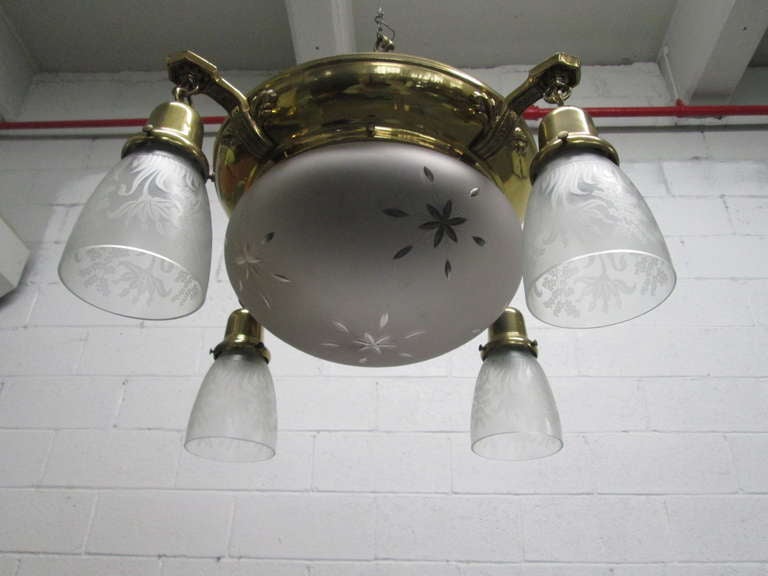 Mid-20th Century Brass French Art Deco Hanging Light Fixture For Sale