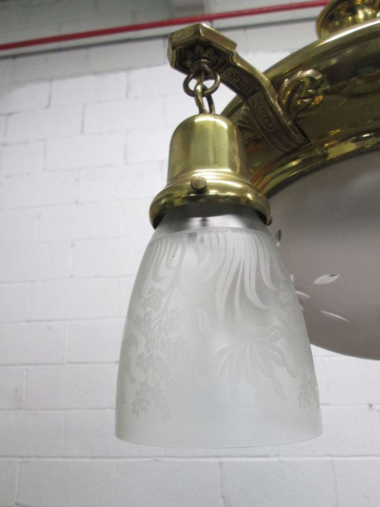 Glass Brass French Art Deco Hanging Light Fixture For Sale