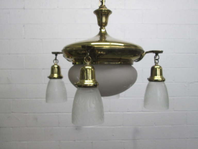 Brass French Art Deco Hanging Light Fixture In Good Condition For Sale In New York, NY