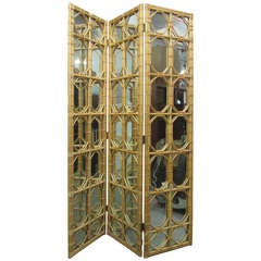1960s 3 Panel Rattan & Mirror Floor Screen Room Divider 4