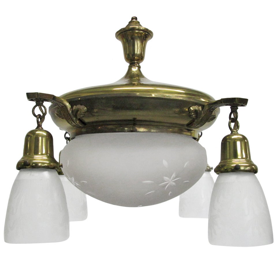 Brass French Art Deco Hanging Light Fixture For Sale
