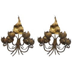 Vintage Pair of Italian Oversized Gilt Floral Sconces