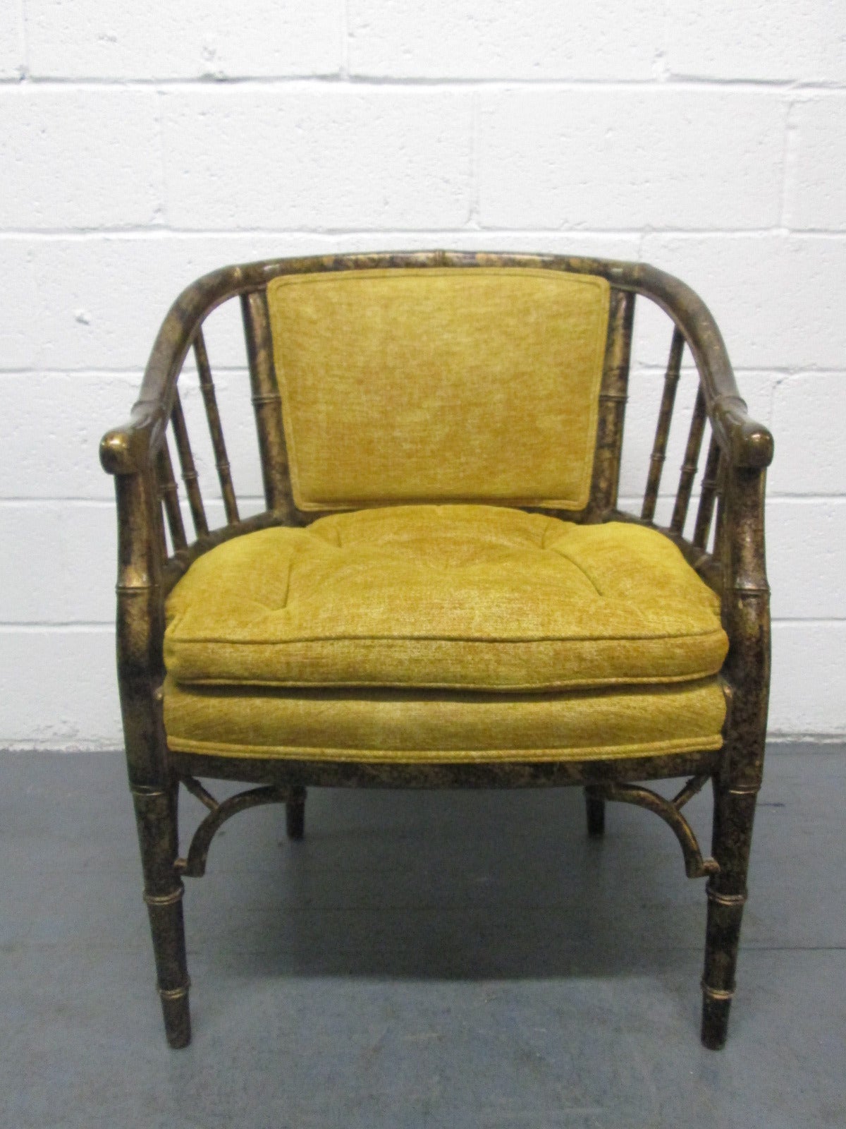 Pair Faux Bamboo Tortoise Finish Chairs by Baker.  Has a lacquered faux tortoise finish. Hollywood Regency Style.