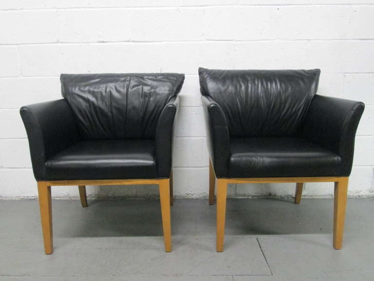 Late 20th Century Pair Black Leather Arm Chairs