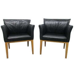 Pair Black Leather Arm Chairs