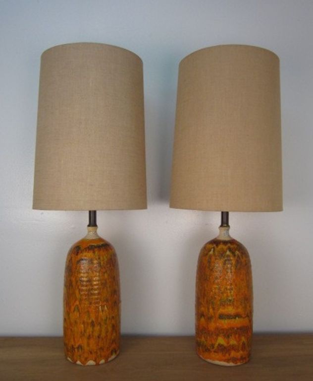 Pair of Orange Drip Glaze Lamps w/ Original Shades