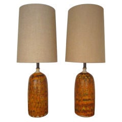 Pair of Orange Drip Glaze Lamps w/ Original Shades