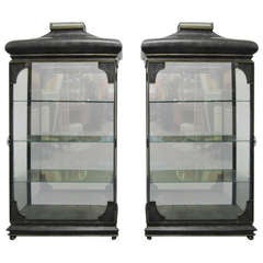 Pair Mixed Metal Display Cabinets Glass Shelves